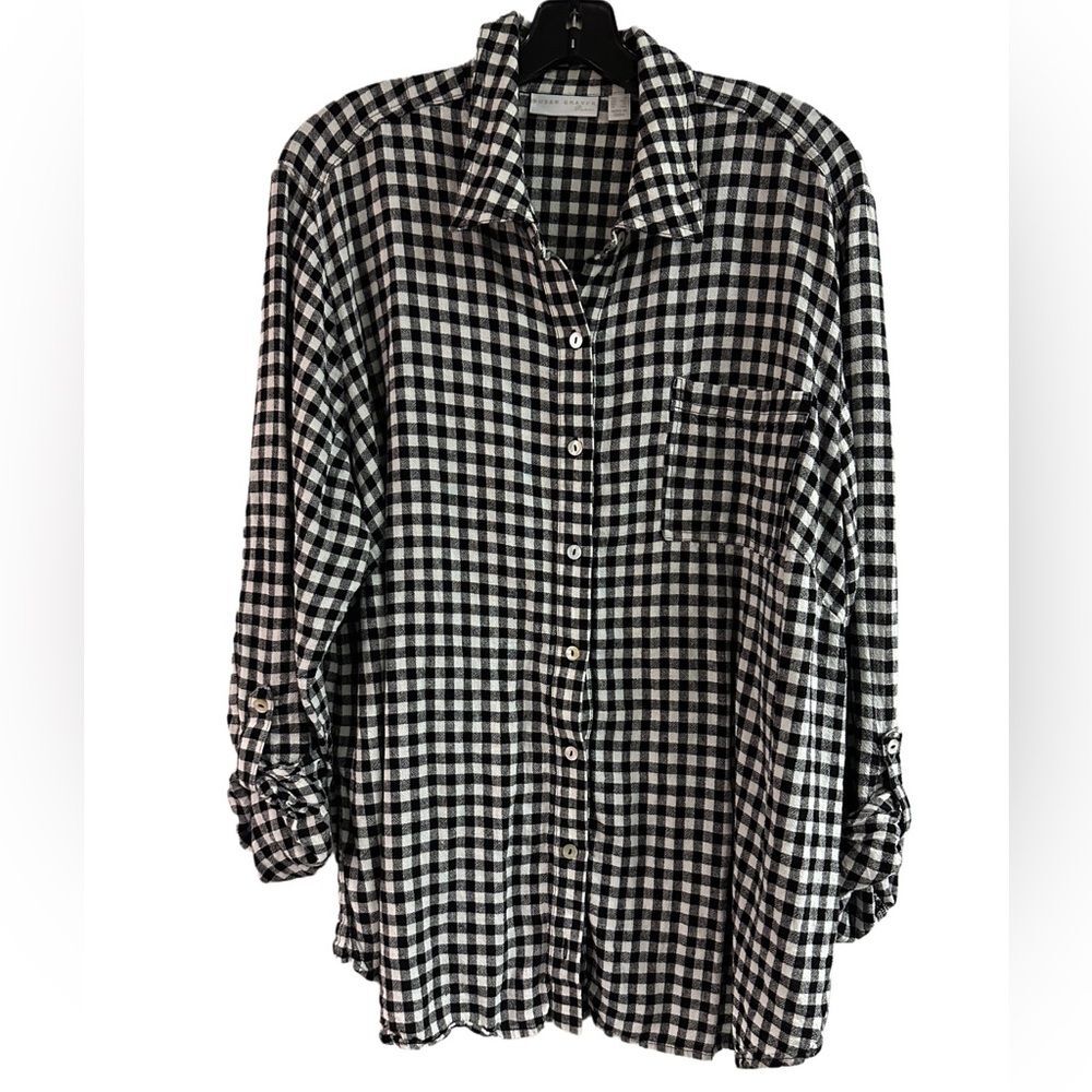 Susan Graver Linen Blend Black White Gingham Roll Tab Sleeve Button Down Top 1X